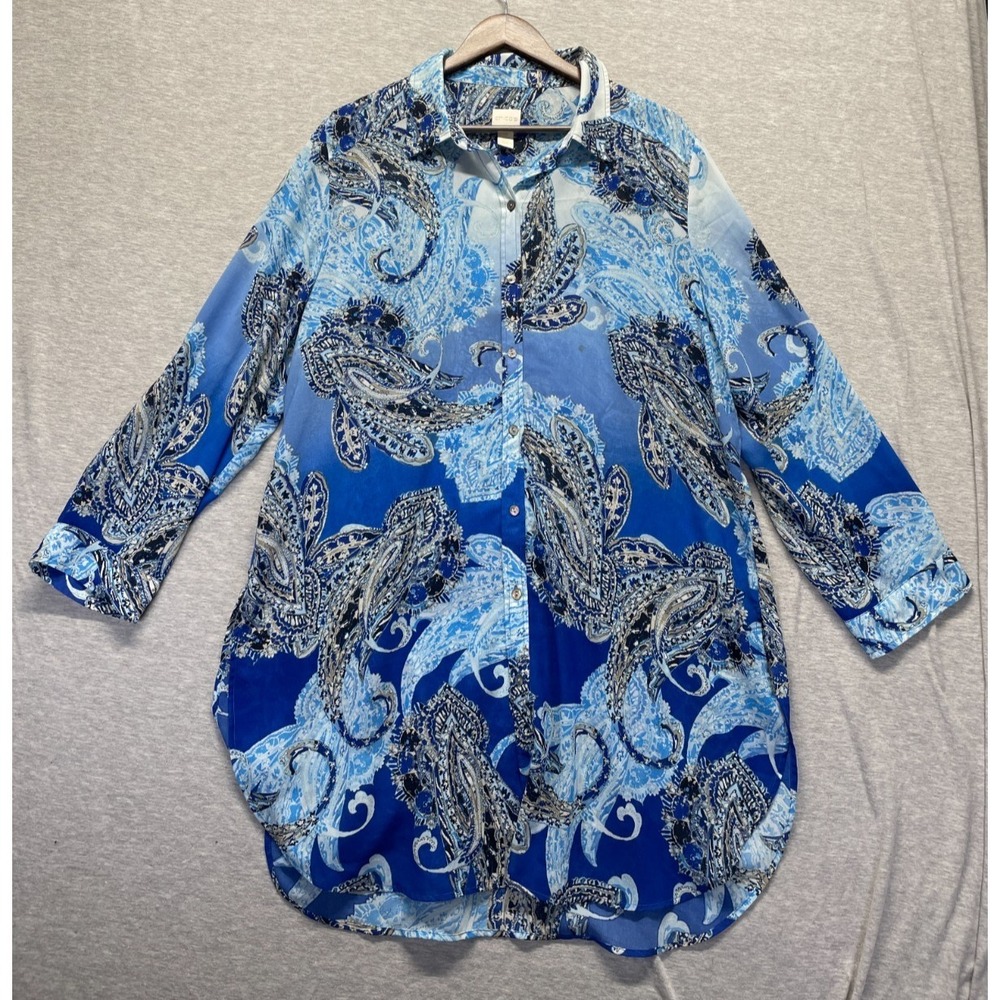 Chico's Shirt Dress Women's 3 Blue Paisley Long Sleeve Curved Hem‎ Button Front
